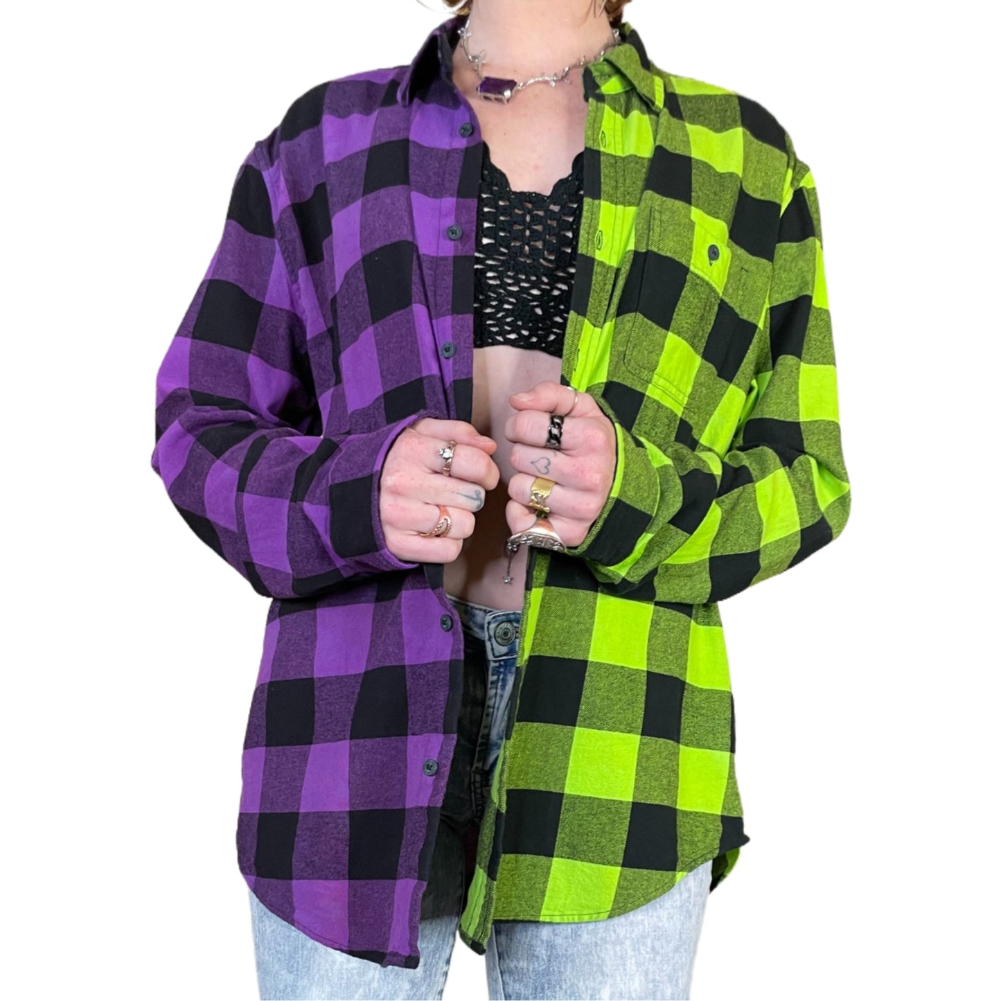 Women's Purple and Neon Green Flannel - Custom Tie Dye Color Split Buffalo Plaid Shirt