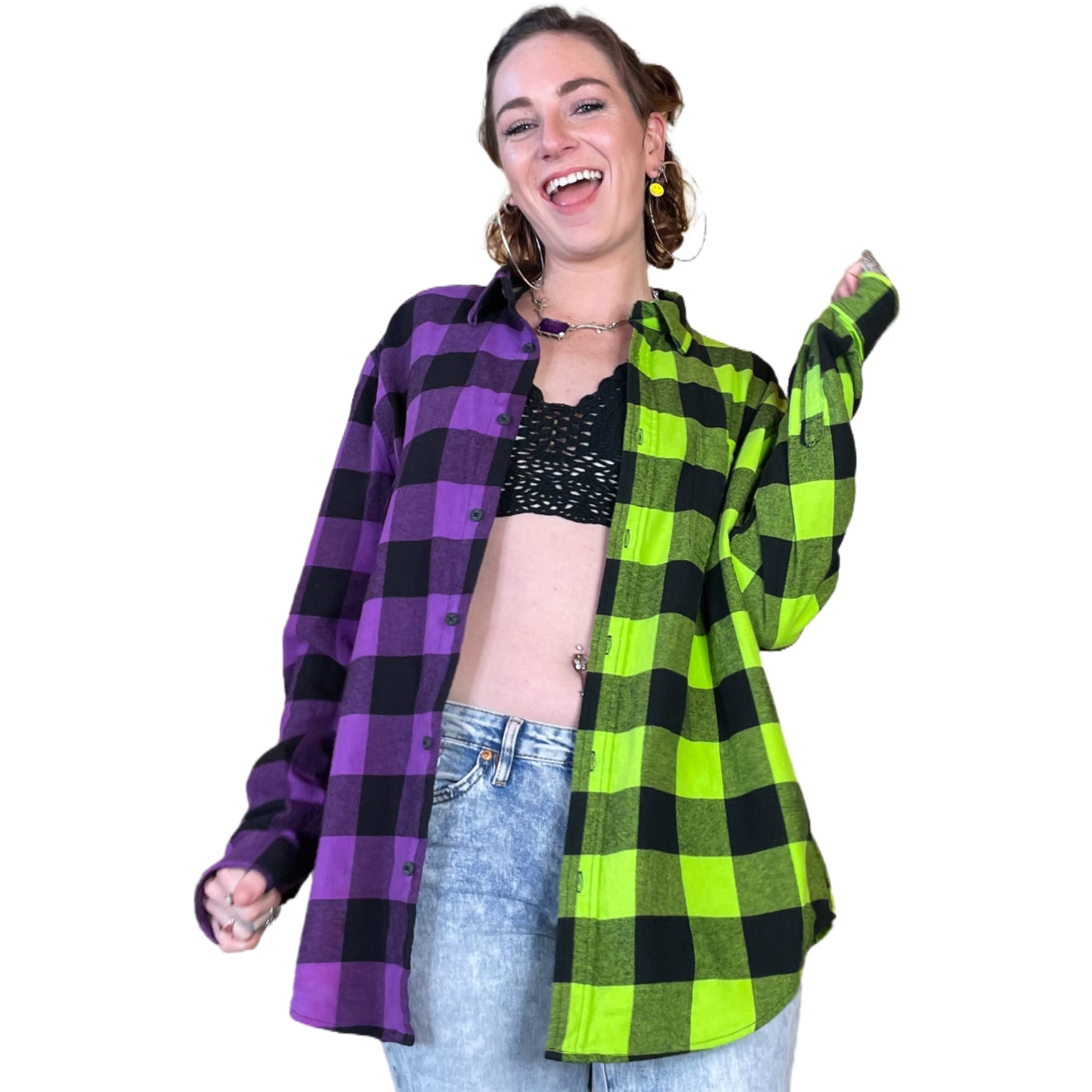 Women's Purple and Neon Green Flannel - Custom Tie Dye Color Split Buffalo Plaid Shirt
