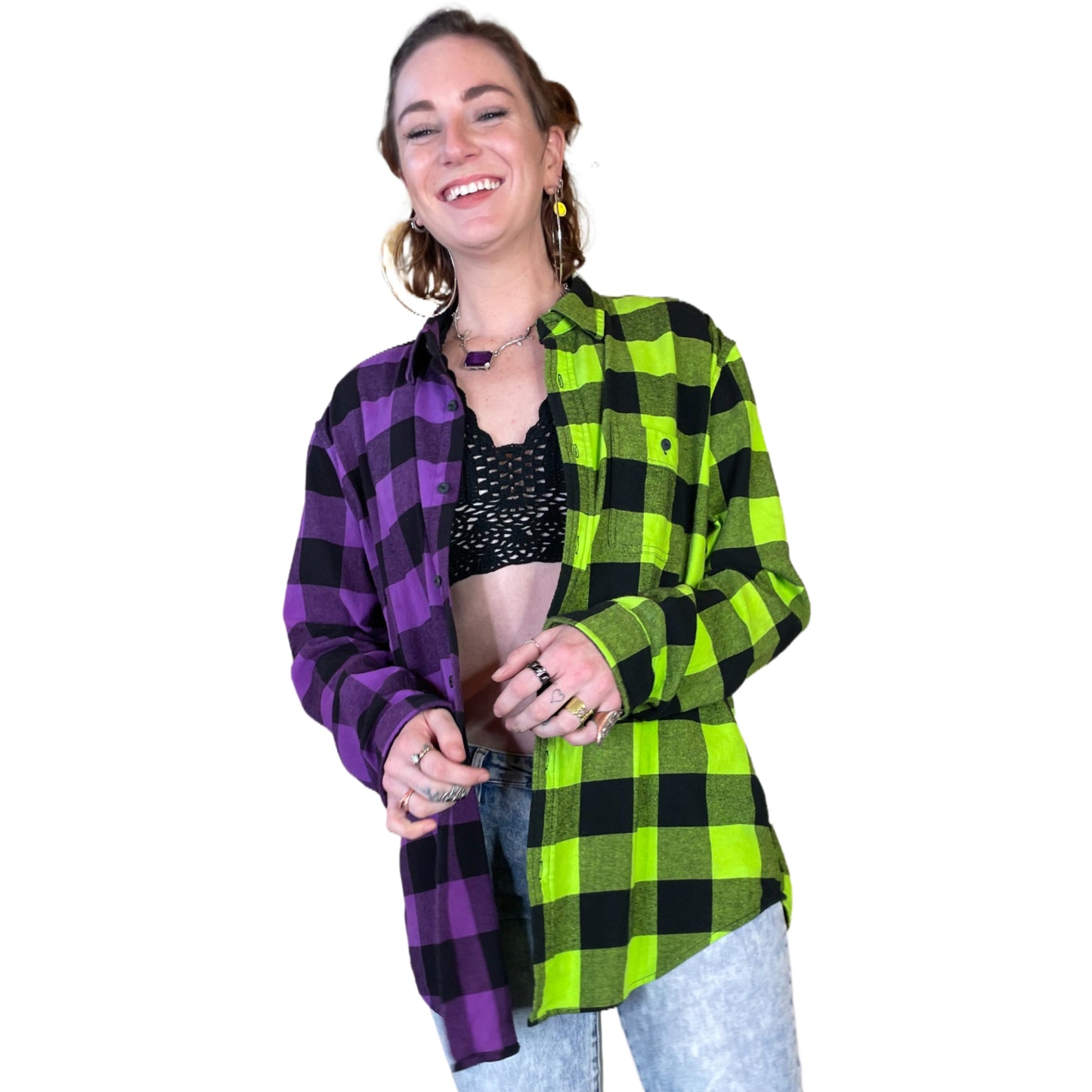Women's Purple and Neon Green Flannel - Custom Tie Dye Color Split Buffalo Plaid Shirt