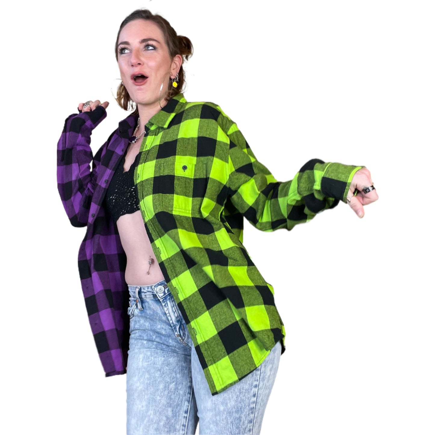 Women's Purple and Neon Green Flannel - Custom Tie Dye Color Split Buffalo Plaid Shirt