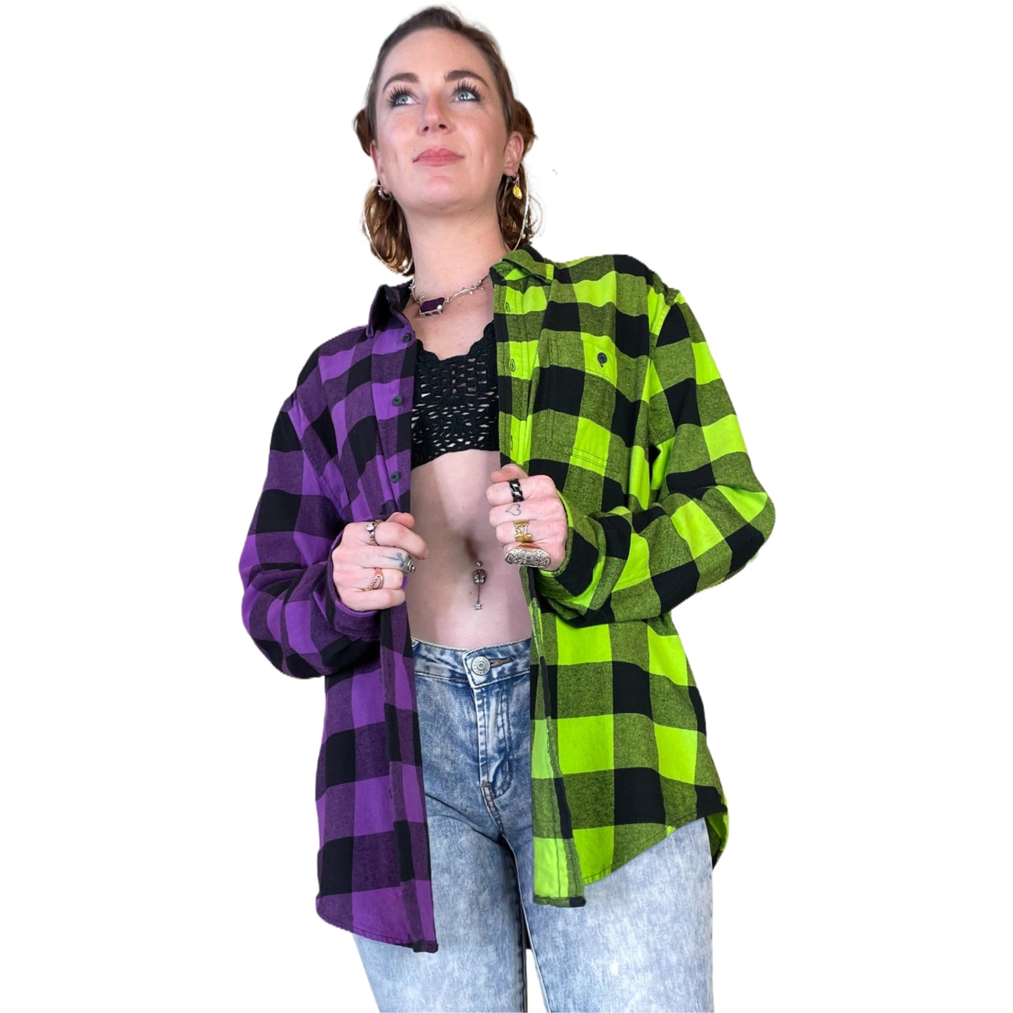 Women's Purple and Neon Green Flannel - Custom Tie Dye Color Split Buffalo Plaid Shirt