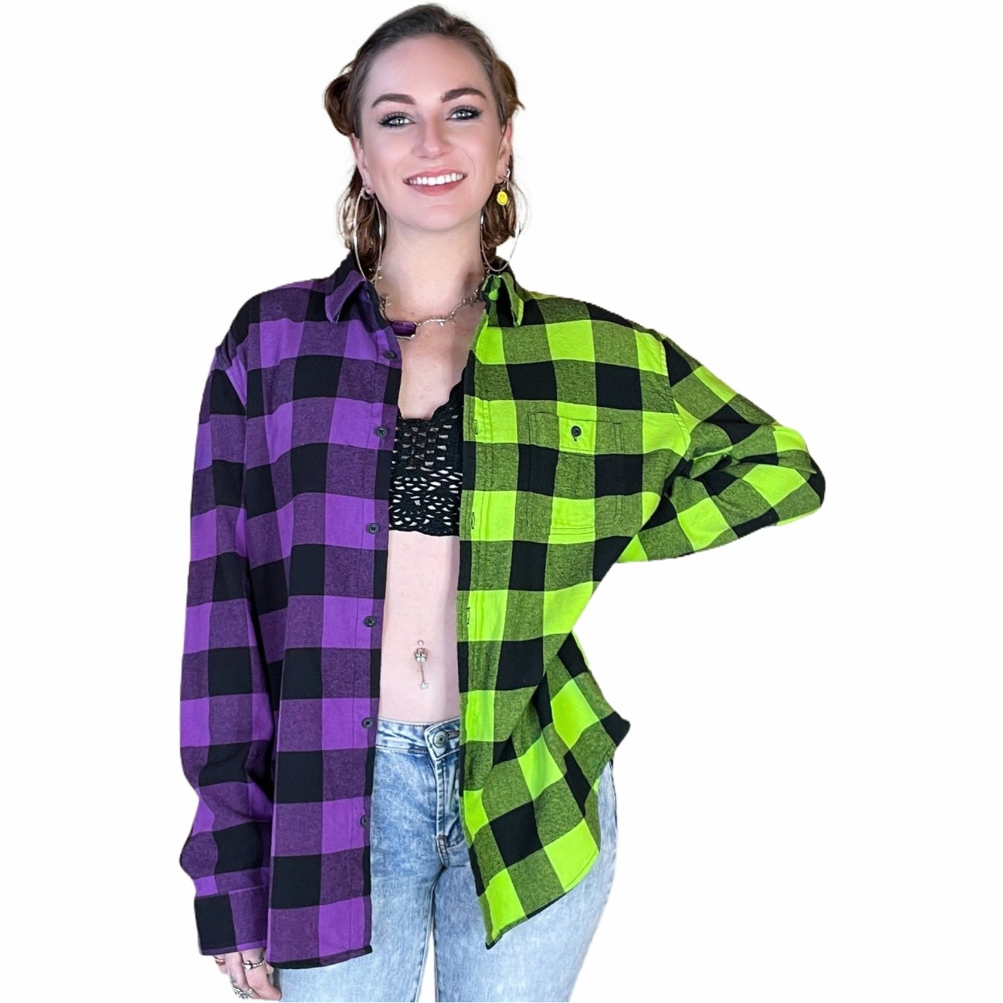 Women's Purple and Neon Green Flannel - Custom Tie Dye Color Split Buffalo Plaid Shirt