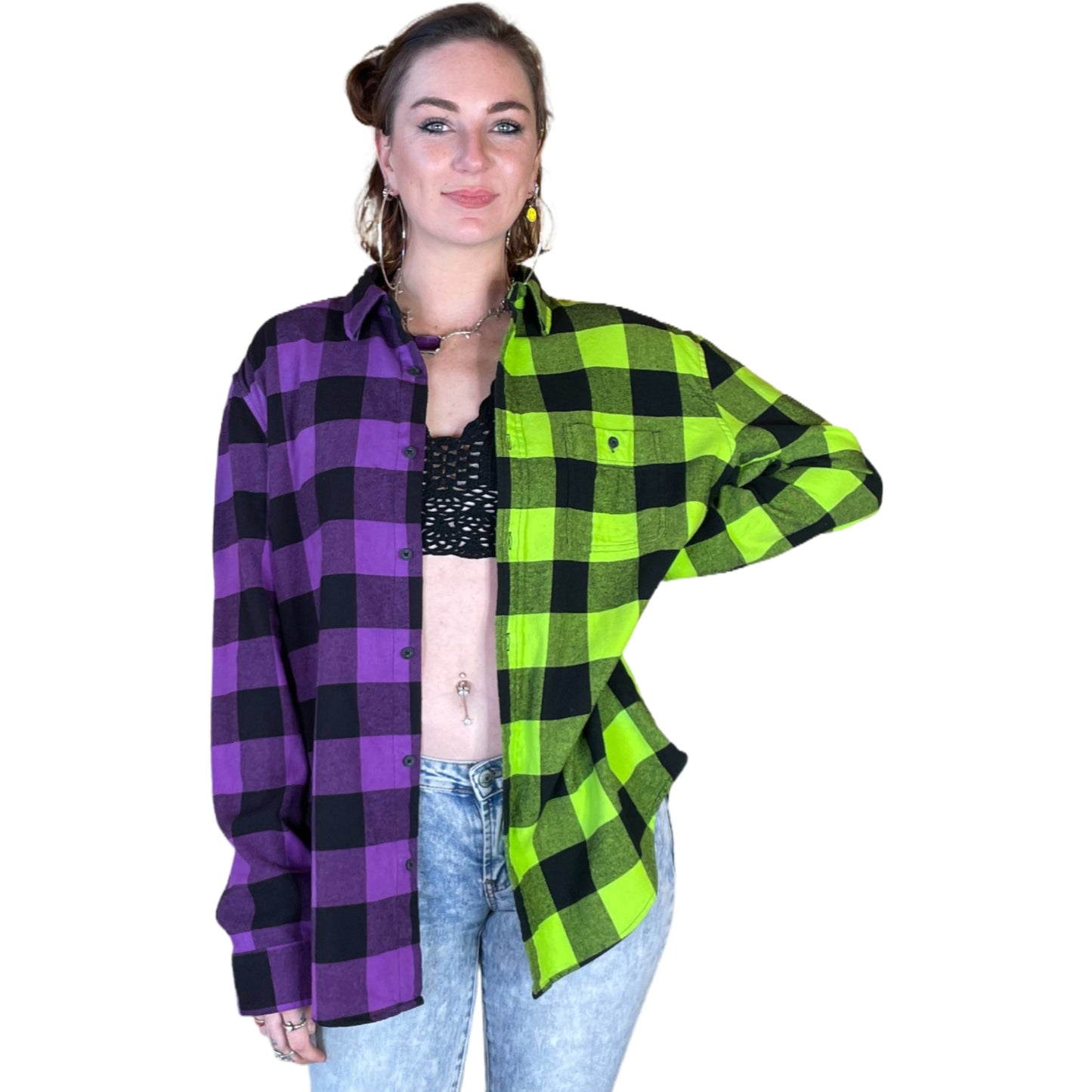 Women's Purple and Neon Green Flannel - Custom Tie Dye Color Split Buffalo Plaid Shirt