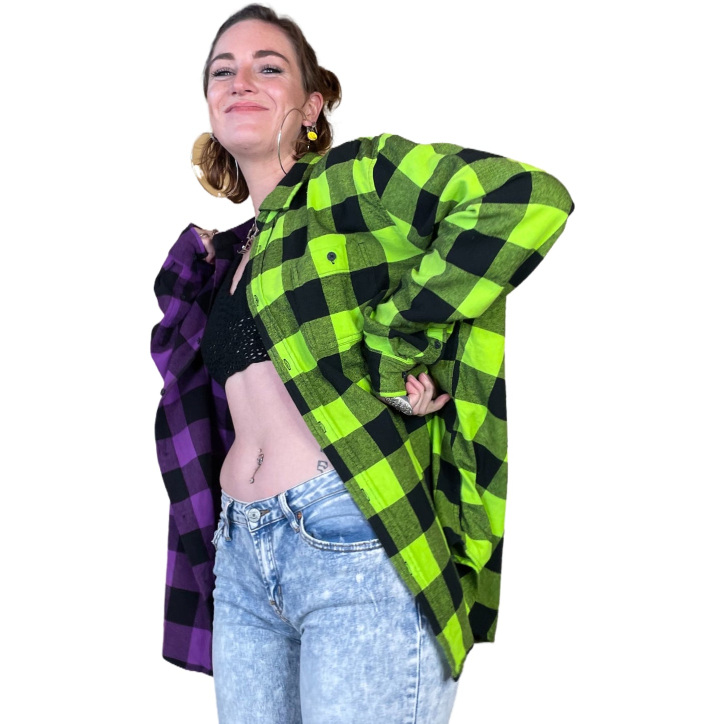 Women's Purple and Neon Green Flannel - Custom Tie Dye Color Split Buffalo Plaid Shirt