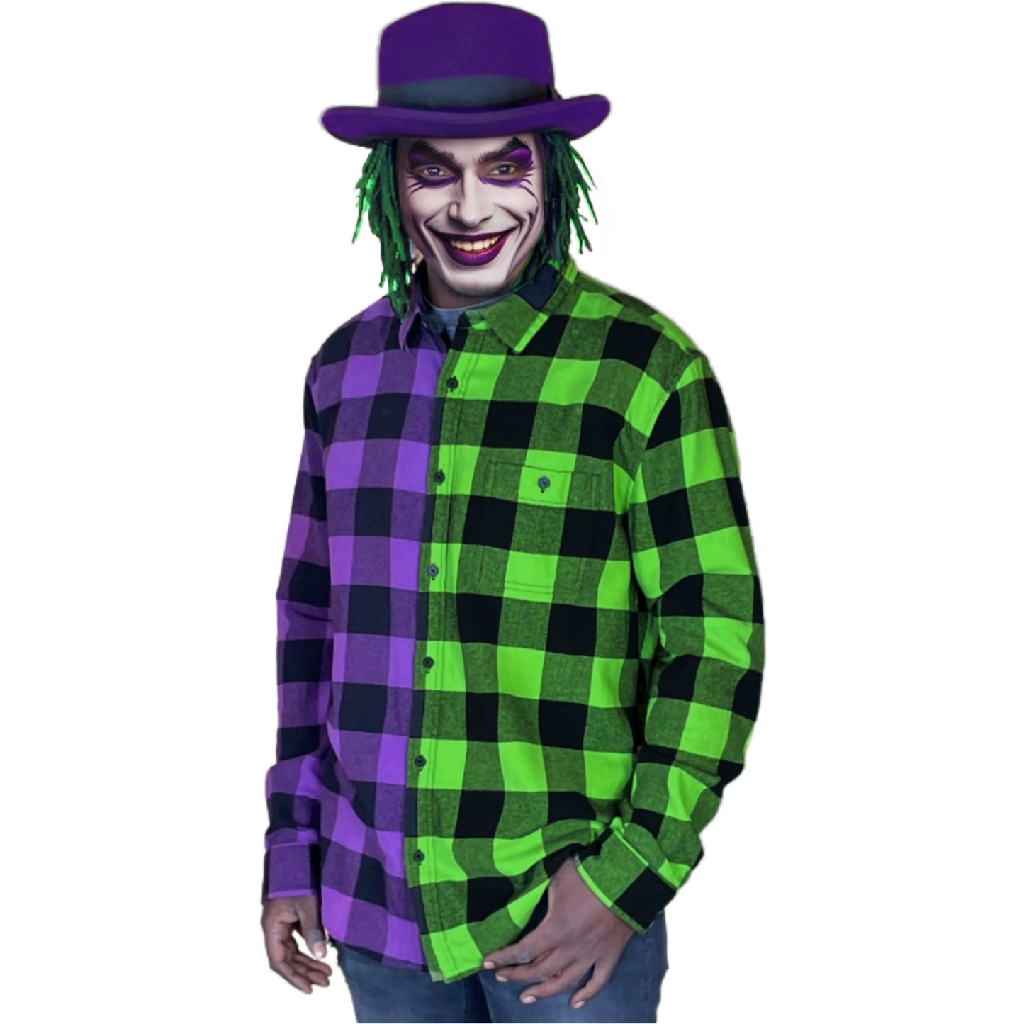 Spooky Joker Flannel - Custom Halloween Purple and Neon Green Buffalo Plaid Shirt