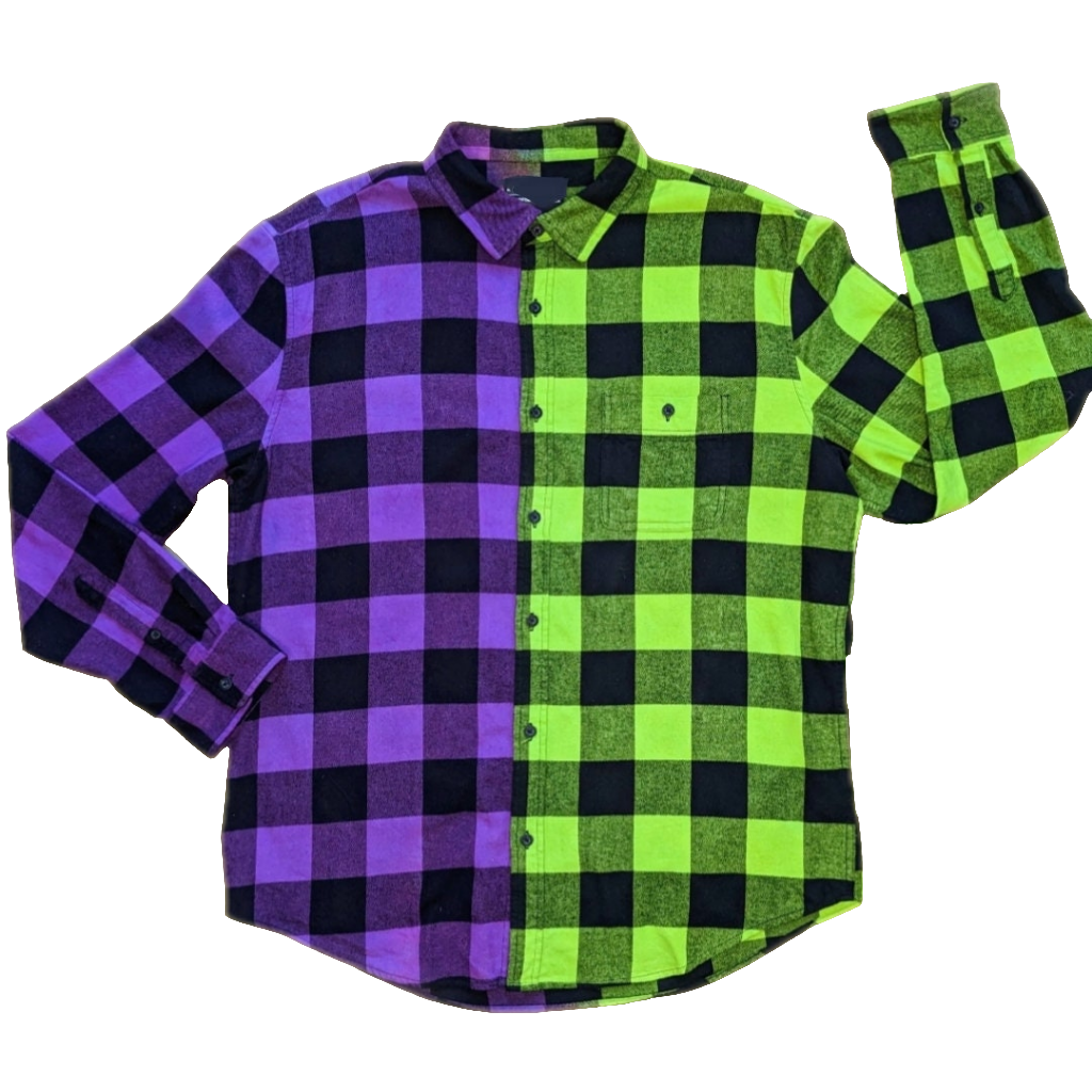 Women's Purple and Neon Green Flannel - Custom Tie Dye Color Split Buffalo Plaid Shirt