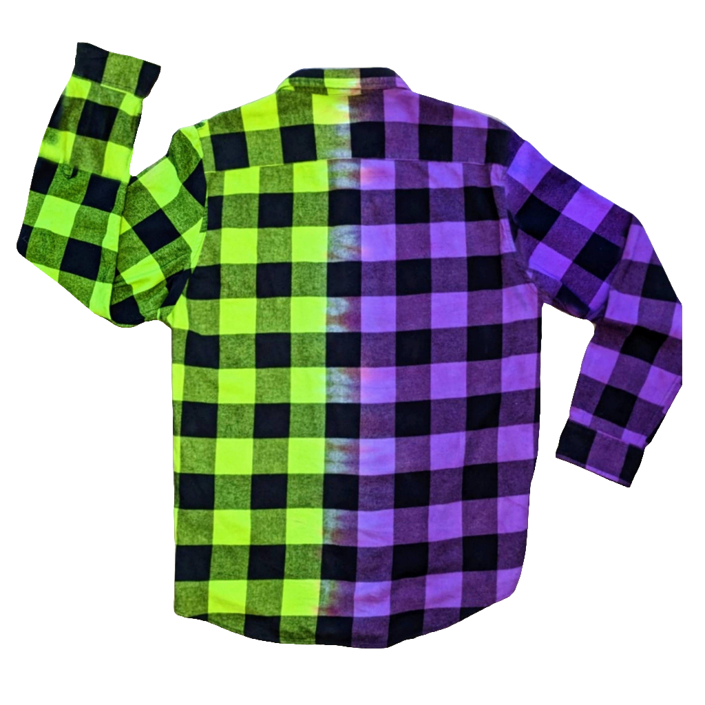 Women's Purple and Neon Green Flannel - Custom Tie Dye Color Split Buffalo Plaid Shirt