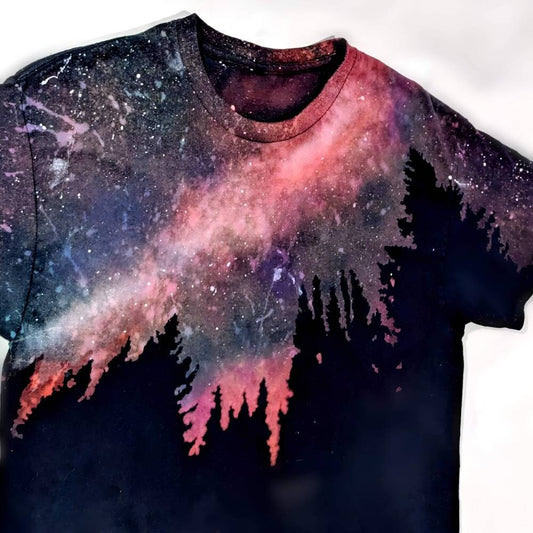 Handmade Galaxy Reverse Tie Dye Graphic Tee - Pink, Purple Milky Way Forest Camping Bleach Acid Wash T Shirt