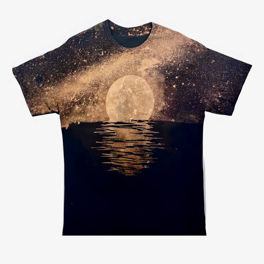 Handmade Bleach Moon Graphic Tee - Oversized Reverse Tie Dye Galaxy T Shirt - Acid Wash Summer Night Beach Shirt - Unisex Festival Fashion