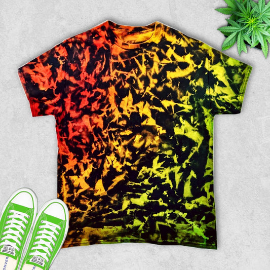 Reverse Tie Dye Reggae T-Shirt Crumple Acid Wash Shirt Oversized Rasta Gradient Black Bleach Distressed Red Yellow Green Top Custom Scrunch