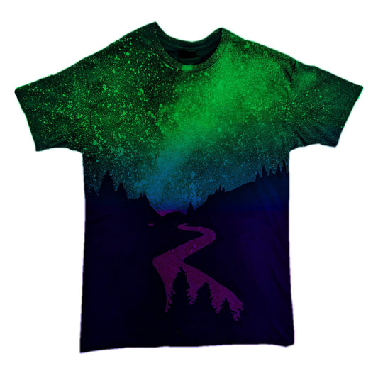 Northern Lights Acid Wash T Shirt - Galaxy Mountain Green, Blue Purple Reverse Tie Dye Bleached Distressed Graphic Tee