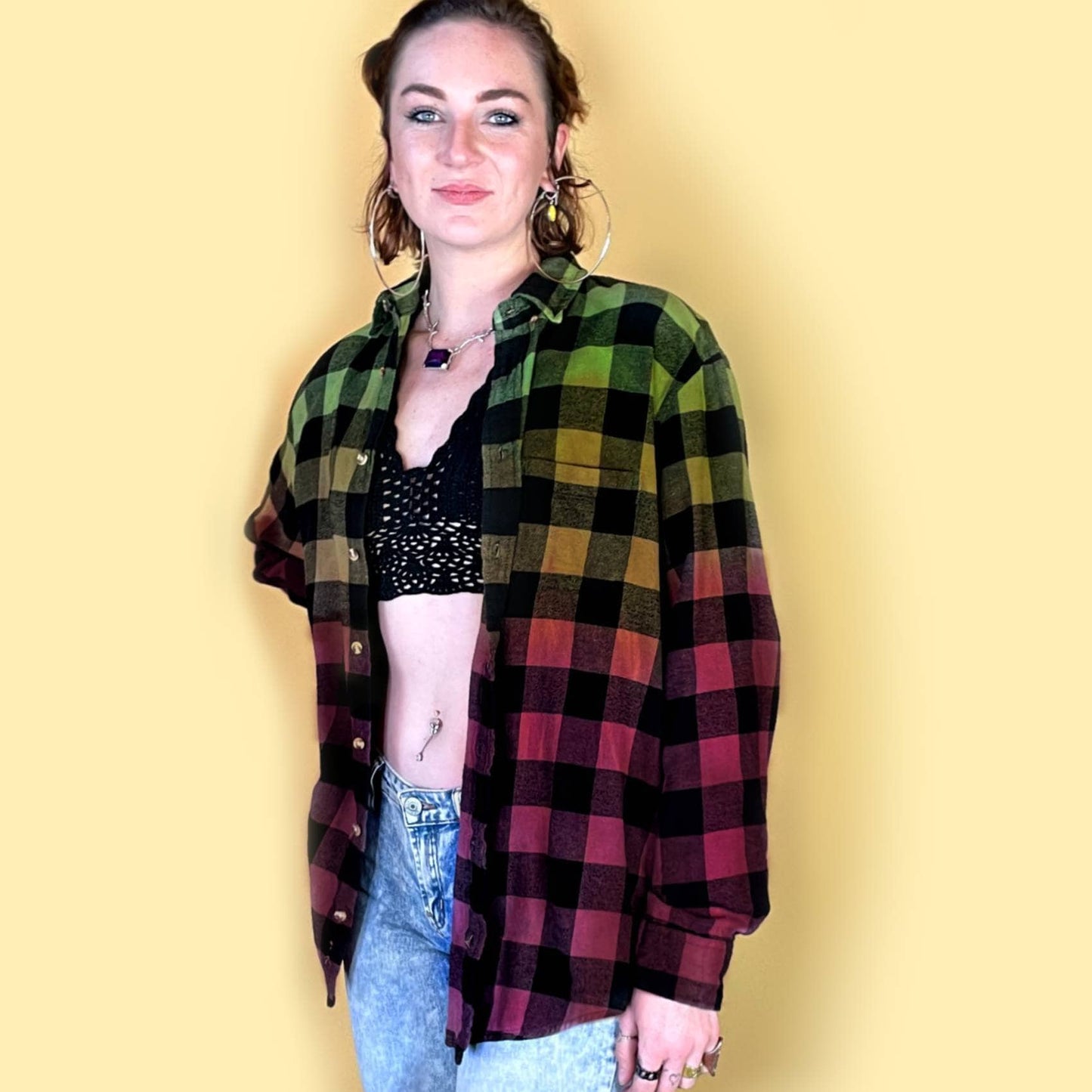 Oversized Grunge Punk Hippie Earth Tone Rasta Tie Dye Flannel Shirt. Dip Dye Gradient Plaid Shirt for men and women. Handmade with quality fiber reactive dyes for vibrant color that lasts.100% Cotton Soft Flannel Fabric, Collar Neckline,  Button Closure, Long Sleeves, front pocket, Machine washable