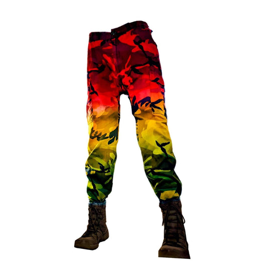 Tie Dye Camo Pants, Men's Festival Dip Dyed Camouflage Joggers Distressed Bleach Red Yellow Neon Green Woodland Oversized Cargo Rasta Unique