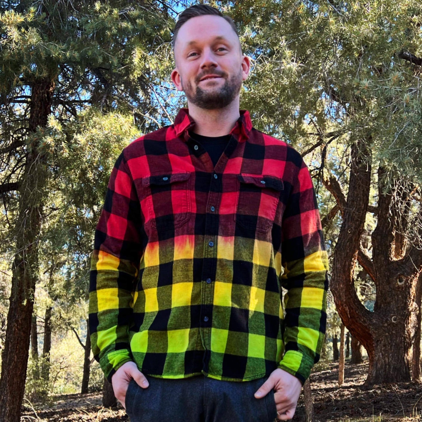 Rasta Tie Dye Plaid Flannel Shirt for men and women. Reggae Dip Dye Gradient Flannel is Bright and unique.