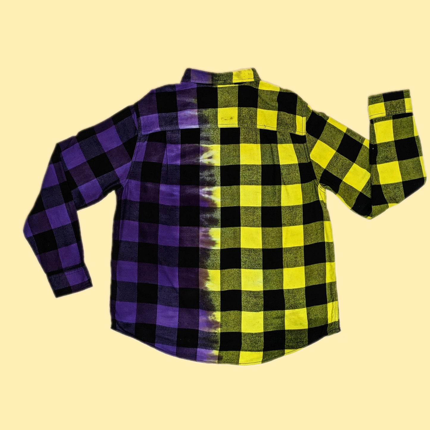 Men's Purple and Neon Yellow Flannel - Custom Tie Dye Color Split Buffalo Plaid Shirt