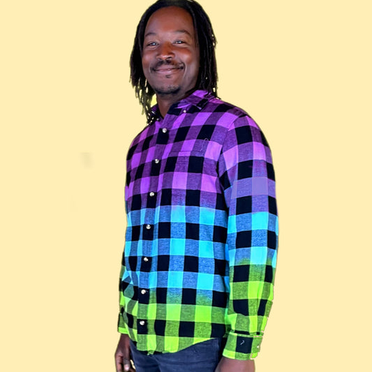Oversized Purple, Turquoise Blue, Neon Green Tie Dye Plaid Flannel Shirt. Dip Dye Gradient Flannel is Bright and unique. Handmade with quality fiber reactive dyes for vibrant color that lasts.100% Cotton Soft Flannel Fabric, Collar Neckline,  Button Closure, Long Sleeves, front pocket, Machine washable