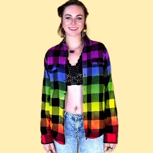 Rainbow Tie Dye Flannel Shirt Dip Dye Gradient - Pride Rainbow Flannel Shirt - Unisex Grunge Hippie Punk Pride Festival Buffalo Plaid Shirt
