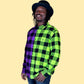 Half Neon Green, Purple Tie Dye Buffalo Plaid Flannel Shirt for men and women. Punk Color Block Flannel is Bright and unique. Handmade with quality fiber reactive dyes for vibrant color that lasts.100% Cotton Soft Flannel Fabric, Collar Neckline,  Button Closure, Long Sleeves, front pocket, Machine washable