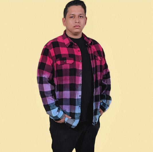 Gradient hot pink, purple, turquoise blue Tie Dye Plaid Flannel Shirt. Bright, Neon and Unique Dip Dye Flannel is Handmade with quality fiber reactive dyes for vibrant color that lasts.100% Cotton Soft Flannel Fabric, Collar Neckline,  Button Closure, Long Sleeves, front pocket, Machine Washable Unisex