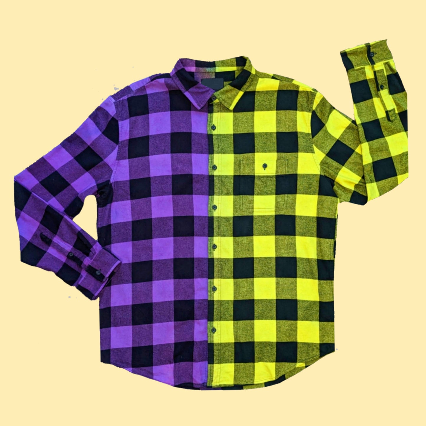 Half Neon Yellow, Purple Tie Dye Buffalo Plaid Flannel Shirt for men and women. Color Block Flannel is Bright and unique. Handmade with quality fiber reactive dyes for vibrant color that lasts.100% Cotton Soft Flannel Fabric, Collar Neckline,  Button Closure, Long Sleeves, front pocket, Machine washable