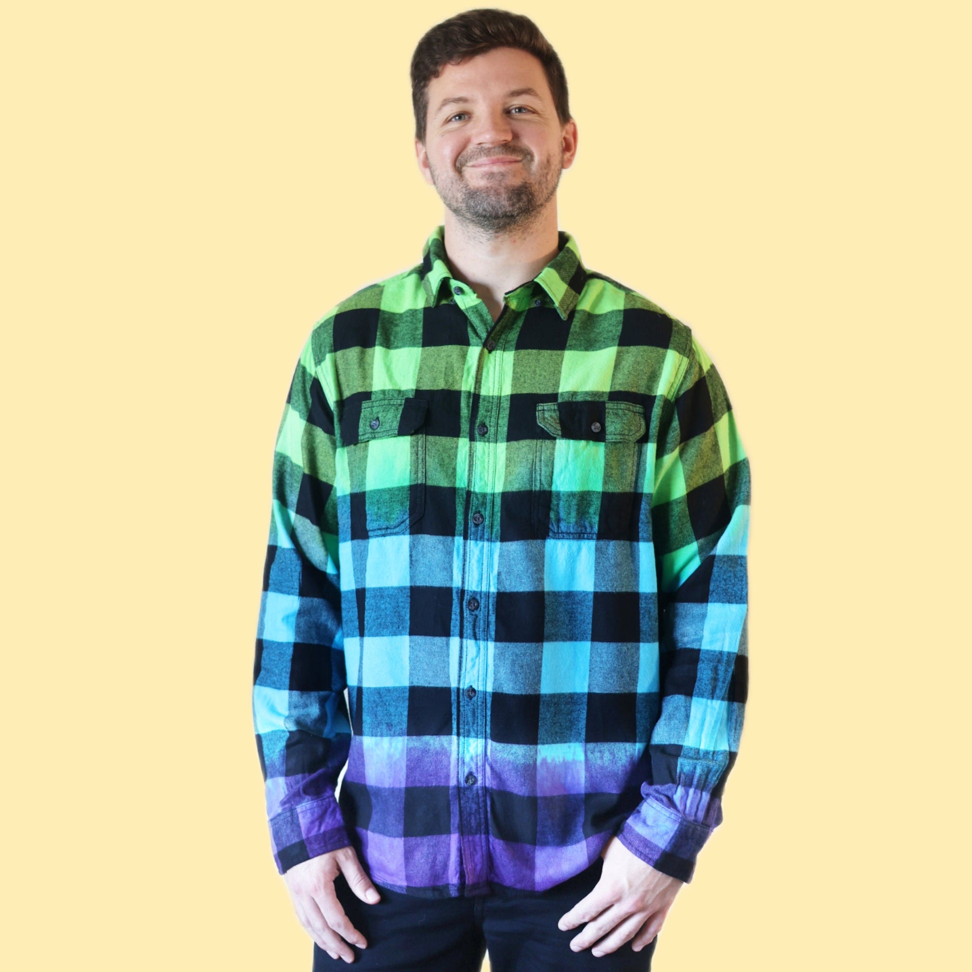 Oversized Neon Green, Blue, Purple Tie Dye Plaid Flannel Shirt. Unique Dip Dye Gradient Flannel is Handmade with quality fiber reactive dyes for vibrant color that lasts.100% Cotton Soft Flannel Fabric, Collar Neckline,  Button Closure, Long Sleeves, front pocket, Machine washable, for men and women