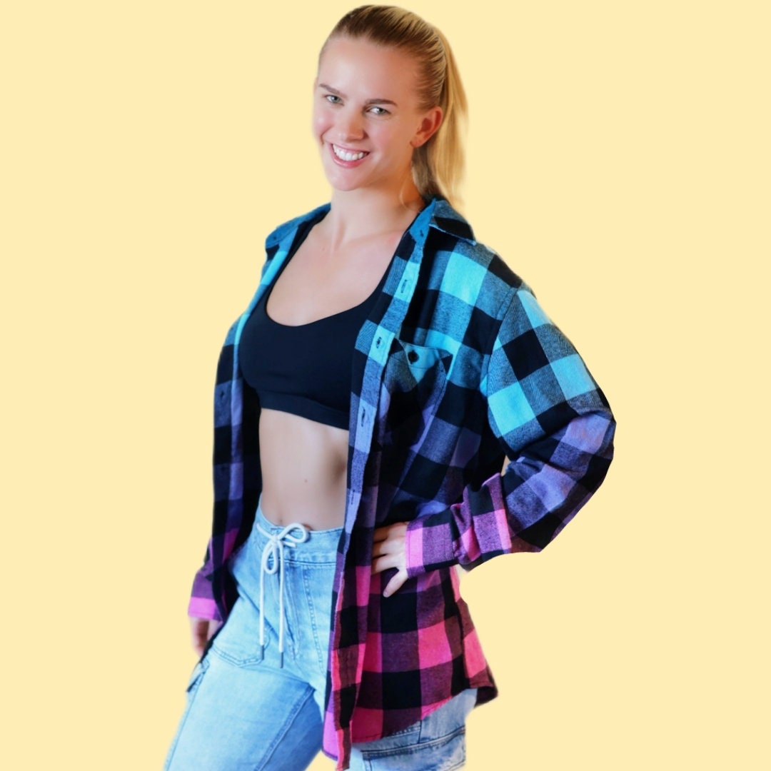 90s Oversized Blue, Purple, Hot Pink Tie Dye Plaid Flannel Shirt. Dip Dye Gradient Flannel is Bright and unique. Handmade with quality fiber reactive dyes for vibrant color that lasts.100% Cotton Soft Flannel Fabric, Collar Neckline,  Button Closure, Long Sleeves, front pocket, Machine washable, Unisex