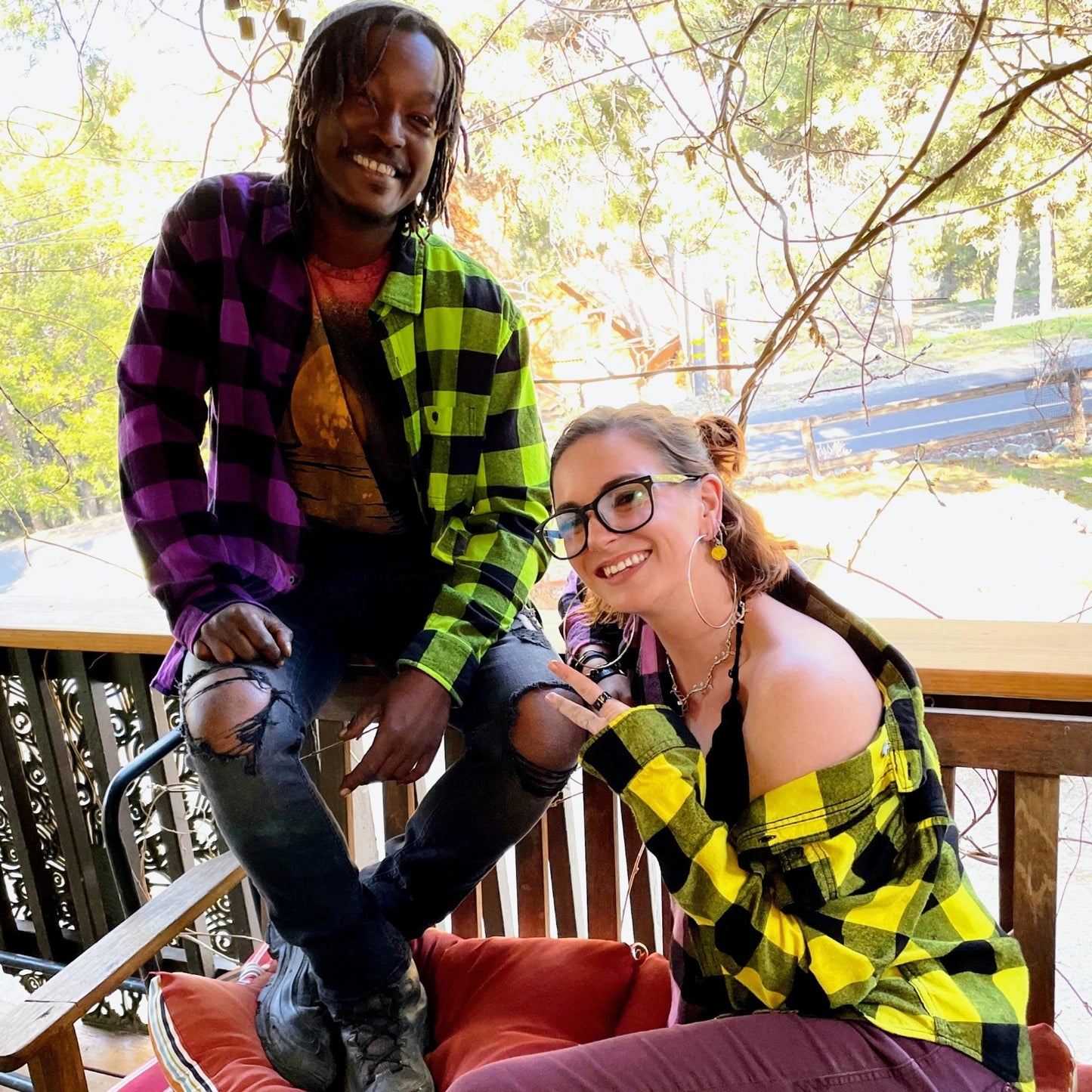 Purple and Neon Yellow Flannel - Women's Tie Dye Color Split Buffalo Plaid Shirt