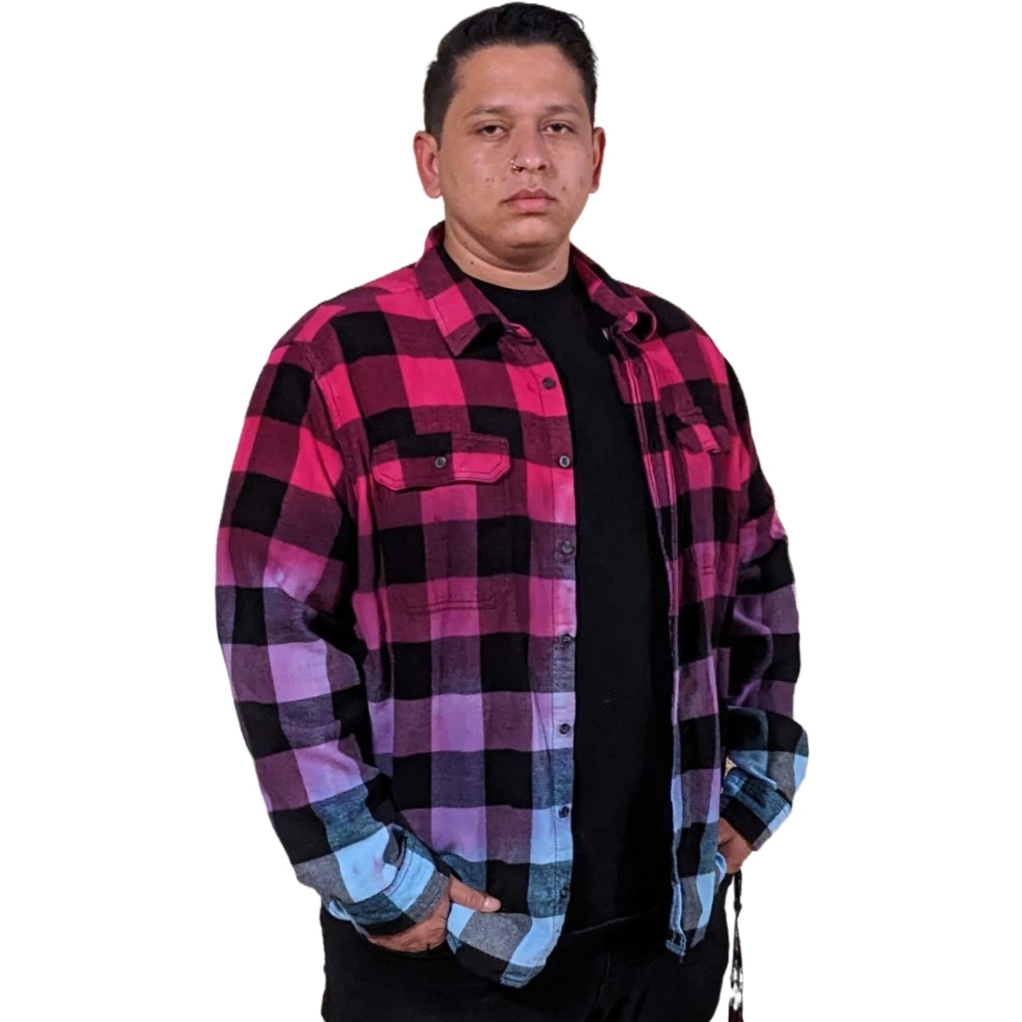 Men's Hot Pink Purple Blue Flannel - Custom Tie Dye Color Fuse Buffalo Plaid Shirt