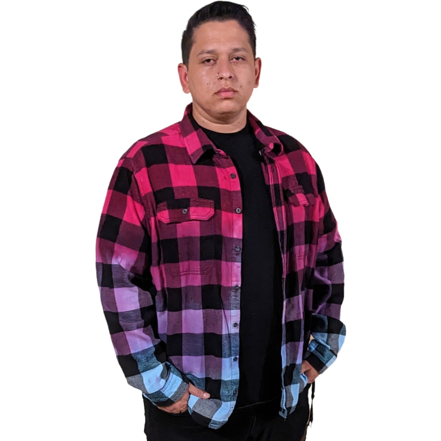 Men's Hot Pink Purple Blue Flannel - Custom Tie Dye Color Fuse Buffalo Plaid Shirt