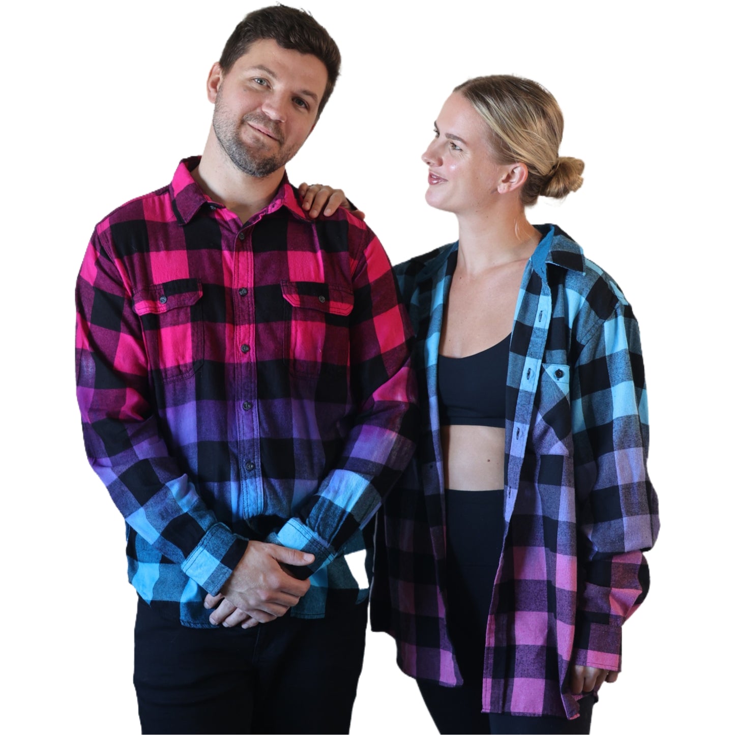 Men's Hot Pink Purple Blue Flannel - Custom Tie Dye Color Fuse Buffalo Plaid Shirt