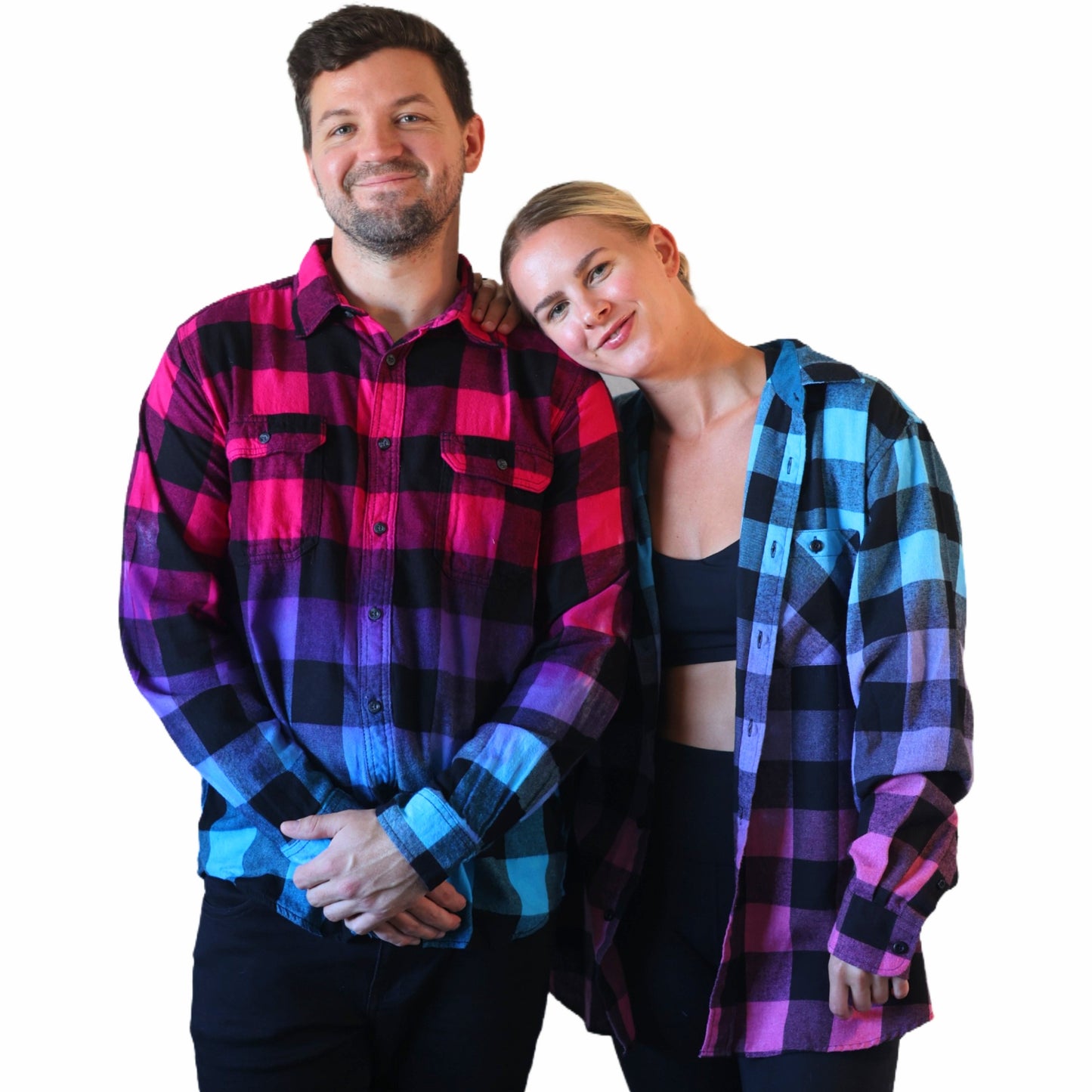 Men's Hot Pink Purple Blue Flannel - Custom Tie Dye Color Fuse Buffalo Plaid Shirt