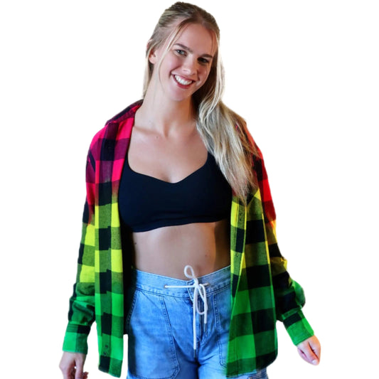 Rasta Tie Dye Flannel - Women's Red Yellow Green Oversized Reggae Buffalo Plaid Shirt