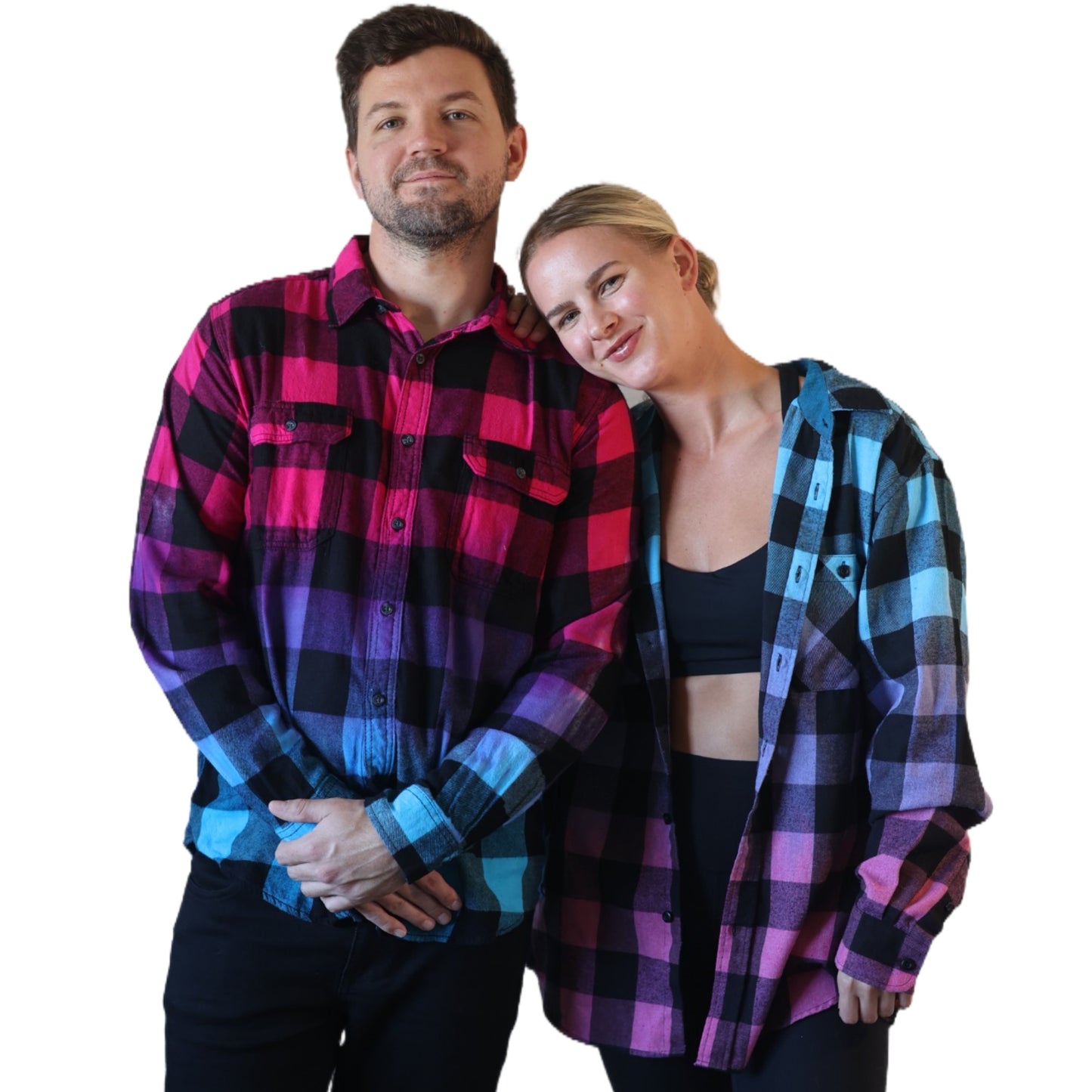 Men's Hot Pink Purple Blue Flannel - Custom Tie Dye Color Fuse Buffalo Plaid Shirt