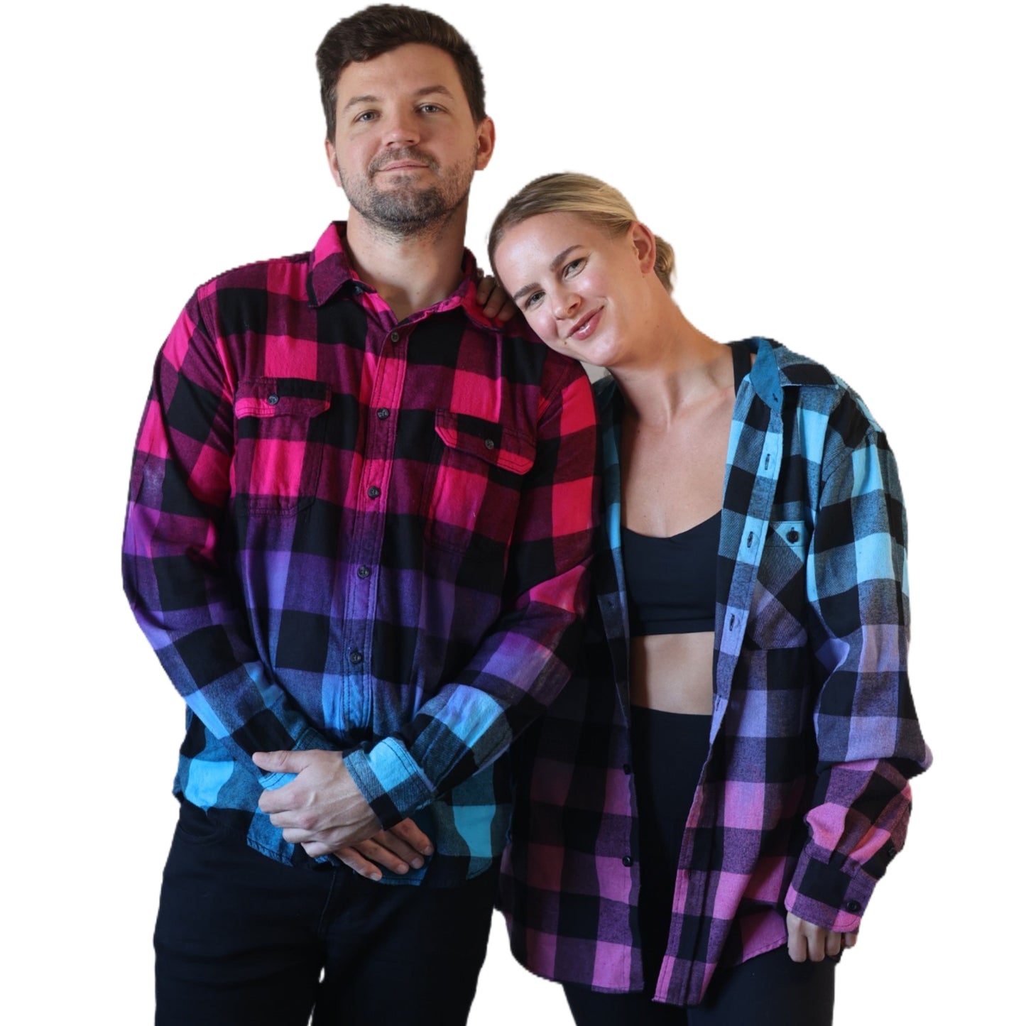 Women's Oversized Tie Dye Flannel - Custom Blue Purple Pink Color Fuse Buffalo Plaid Shirt