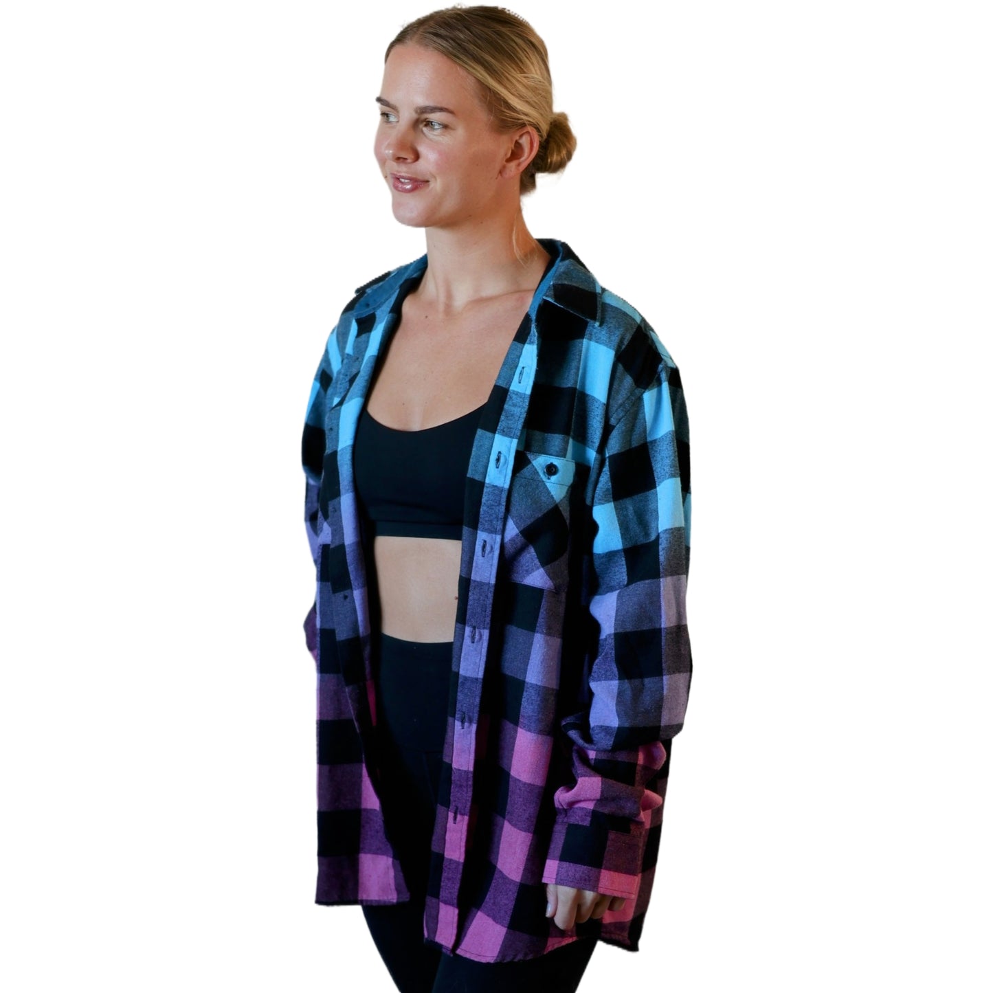 Oversized Blue Purple Hot Pink Flannel - Women's Gradient Color Fuse Buffalo Plaid Shirt