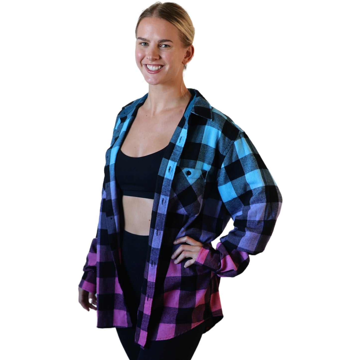 Oversized Blue Purple Hot Pink Flannel - Women's Gradient Color Fuse Buffalo Plaid Shirt