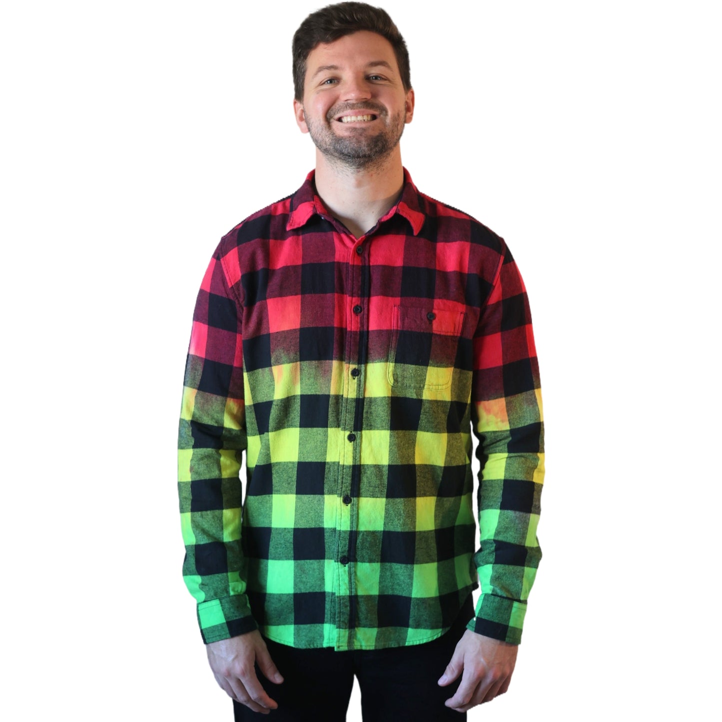 Men's Rasta Tie Dye Flannel - Custom Red Yellow Green Color Fuse Reggae Buffalo Plaid Shirt