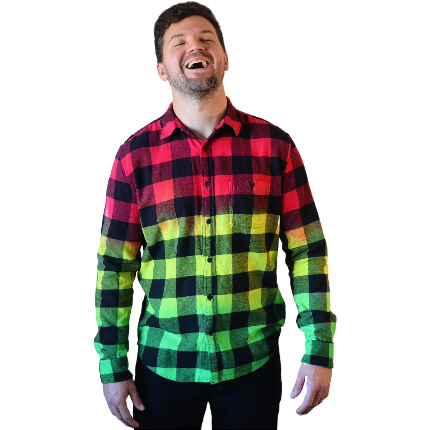 Men's Rasta Tie Dye Flannel - Custom Red Yellow Green Color Fuse Reggae Buffalo Plaid Shirt