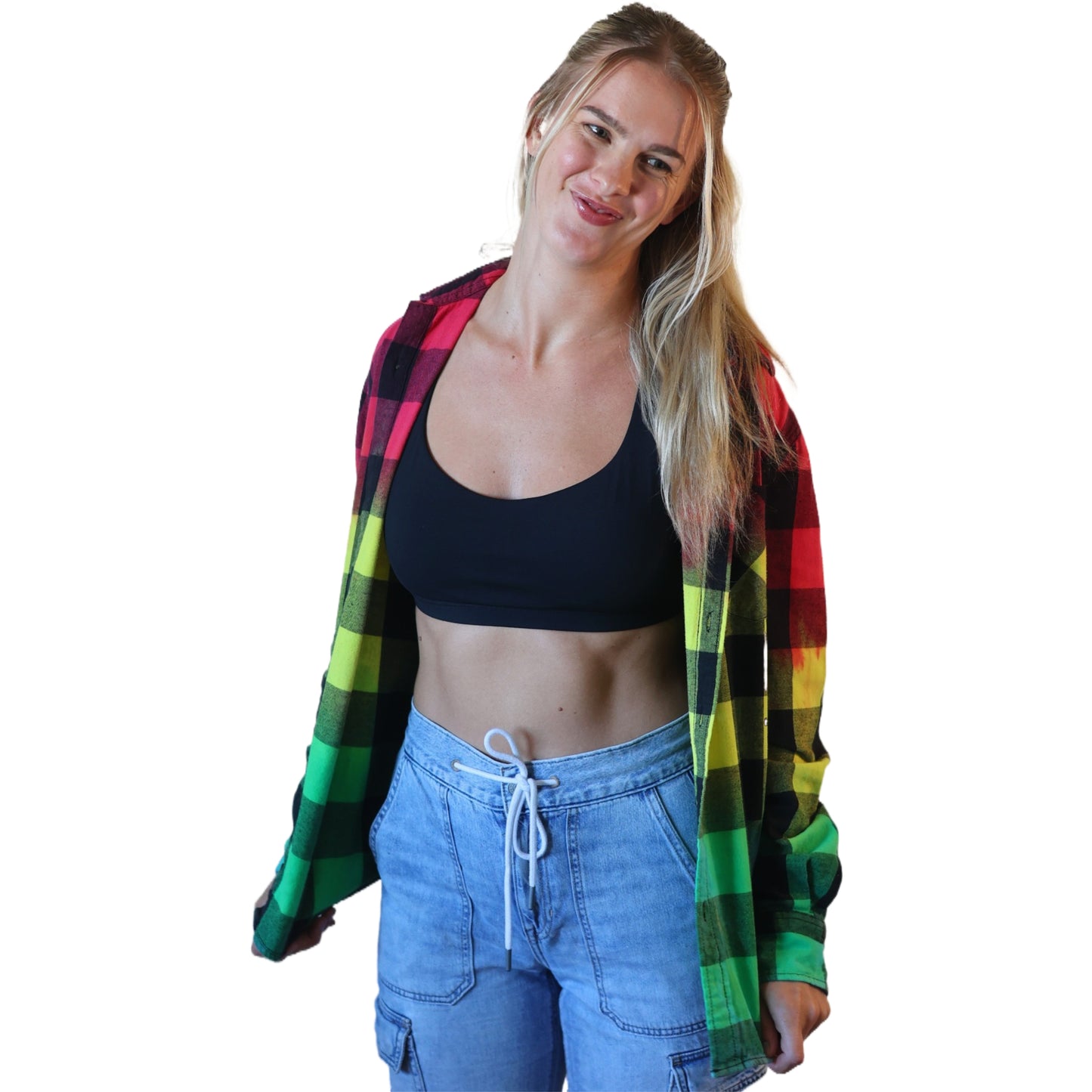 Rasta Tie Dye Flannel - Women's Red Yellow Green Oversized Reggae Buffalo Plaid Shirt