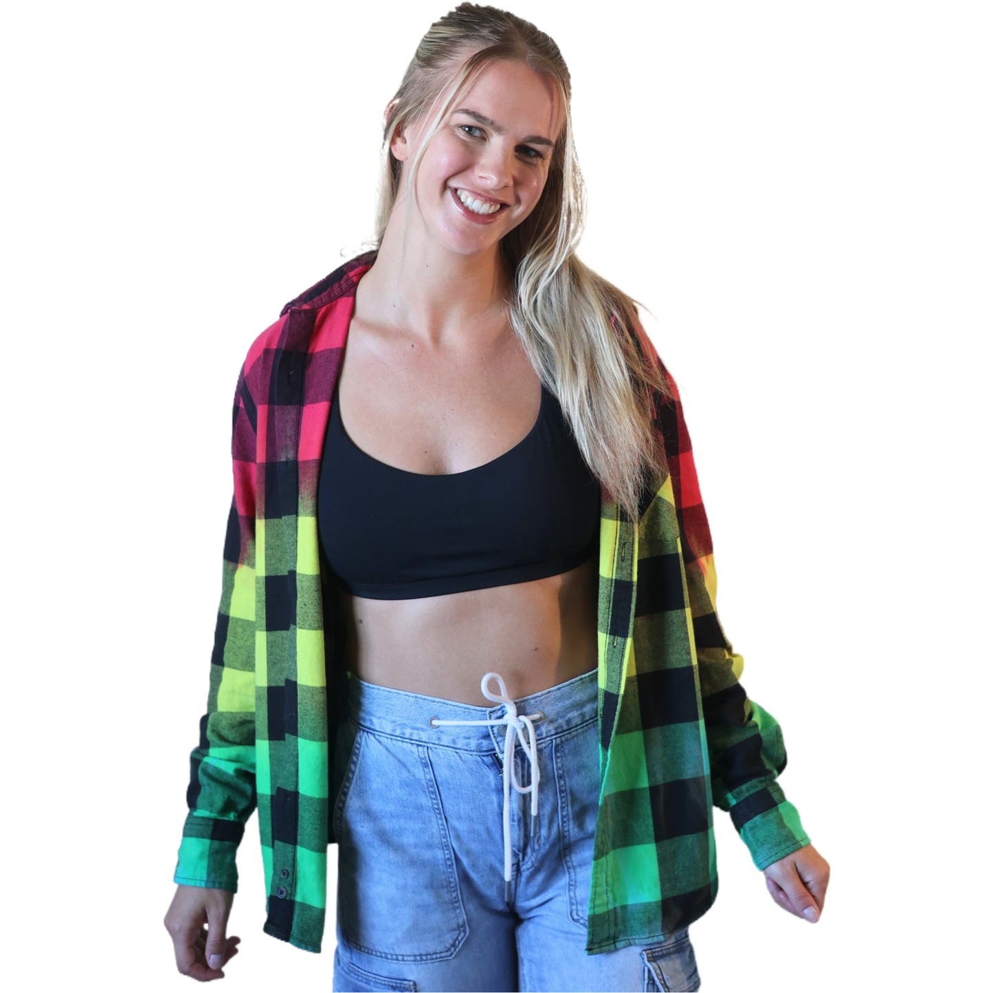 Men's Rasta Tie Dye Flannel - Custom Red Yellow Green Color Fuse Reggae Buffalo Plaid Shirt