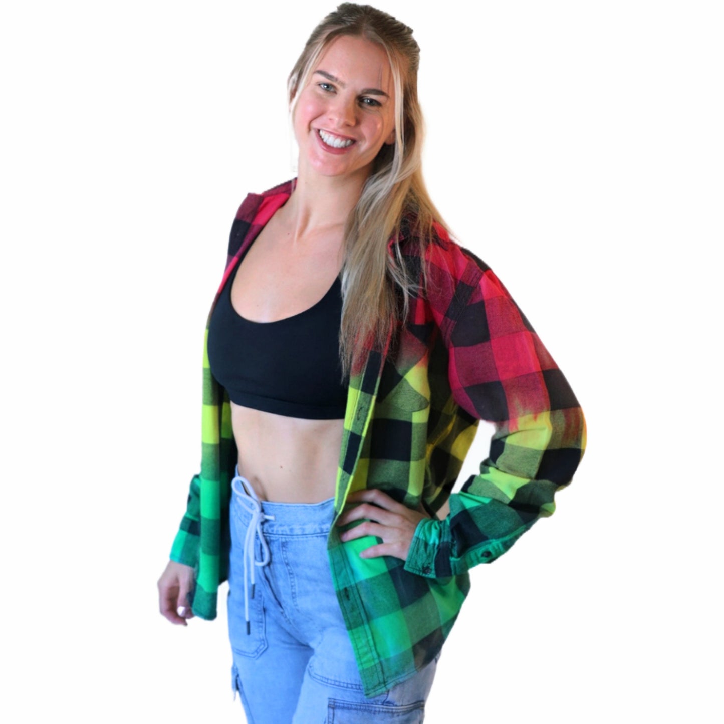 Rasta Tie Dye Flannel - Women's Red Yellow Green Oversized Reggae Buffalo Plaid Shirt