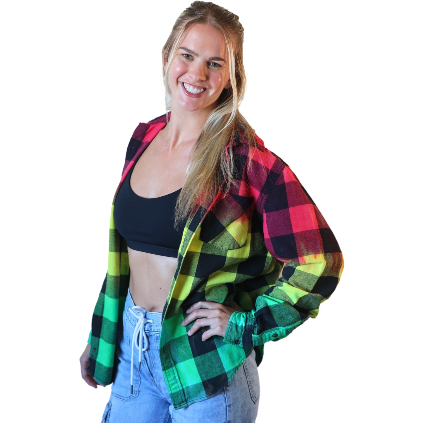 Rasta Tie Dye Flannel - Women's Red Yellow Green Oversized Reggae Buffalo Plaid Shirt