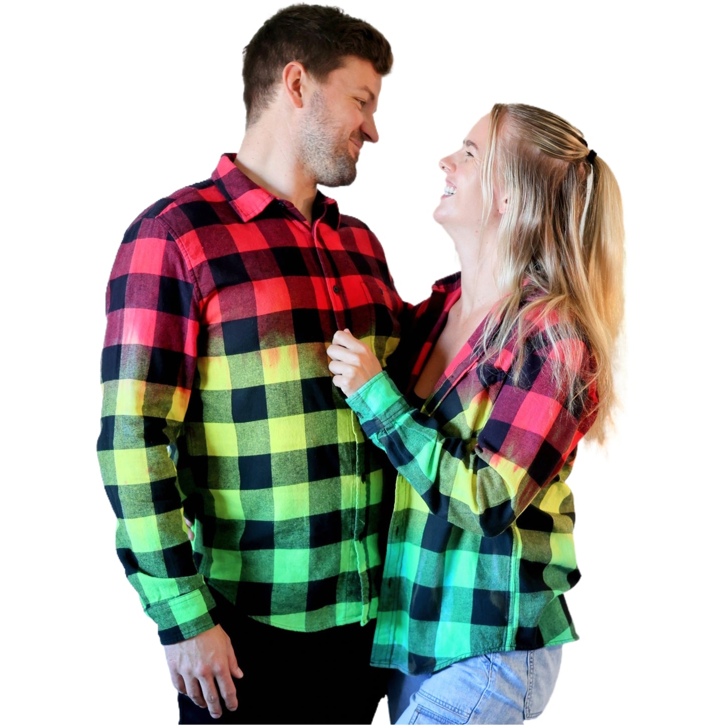 Rasta Tie Dye Flannel - Women's Red Yellow Green Oversized Reggae Buffalo Plaid Shirt