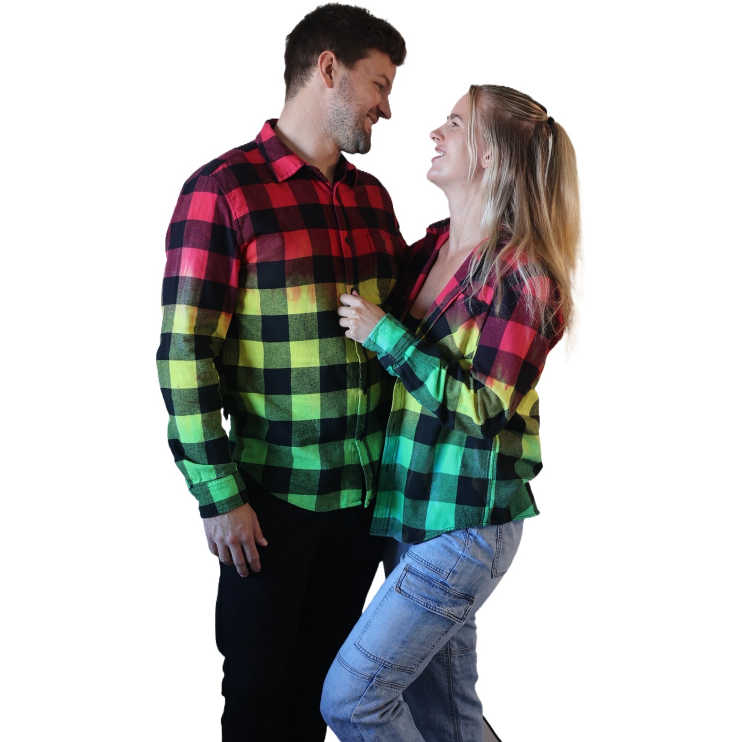 Rasta Tie Dye Flannel - Women's Red Yellow Green Oversized Reggae Buffalo Plaid Shirt