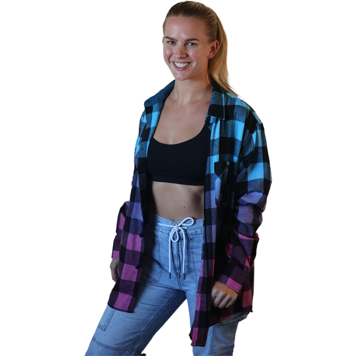 Oversized Blue Purple Hot Pink Flannel - Women's Gradient Color Fuse Buffalo Plaid Shirt