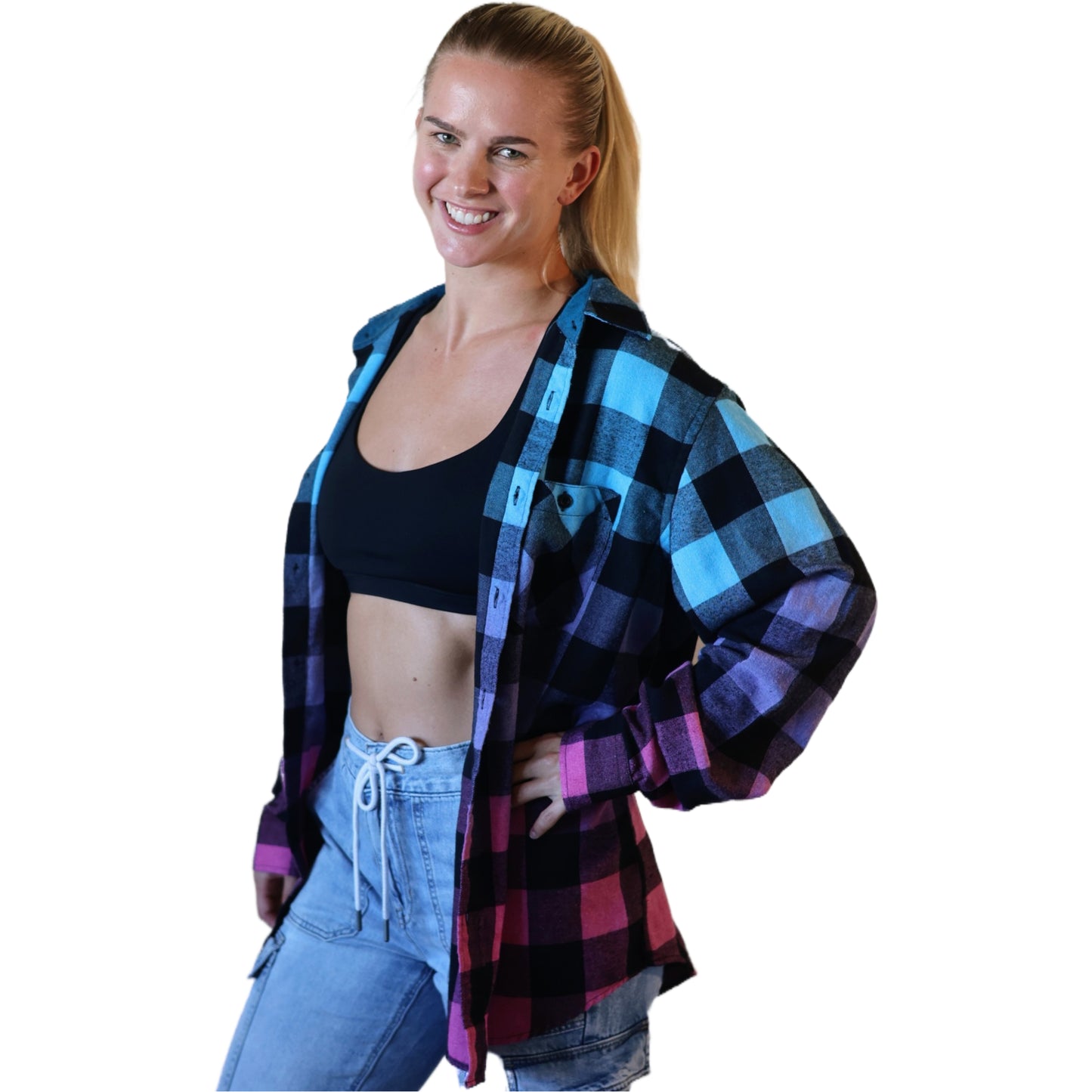 Oversized Blue Purple Hot Pink Flannel - Women's Gradient Color Fuse Buffalo Plaid Shirt