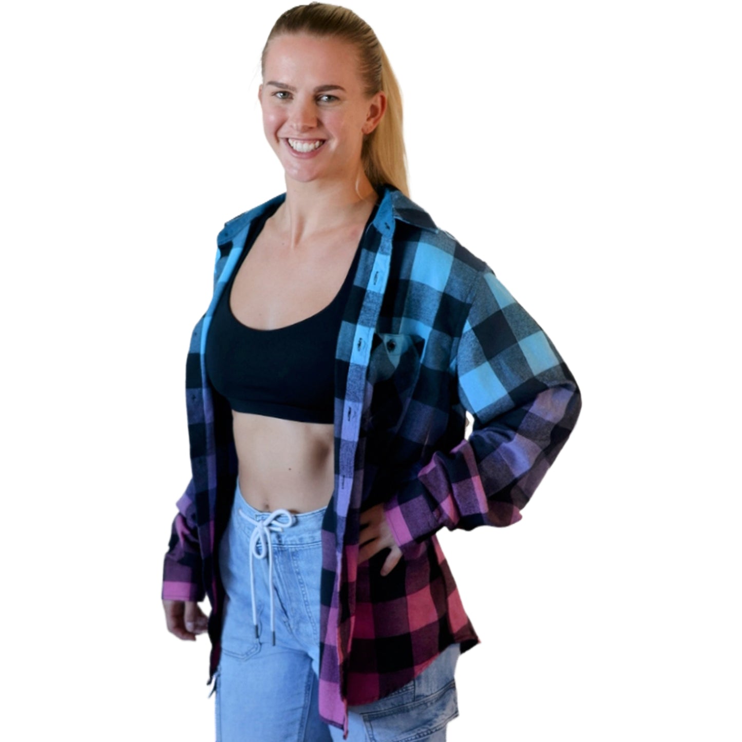 Oversized Blue Purple Hot Pink Flannel - Women's Gradient Color Fuse Buffalo Plaid Shirt