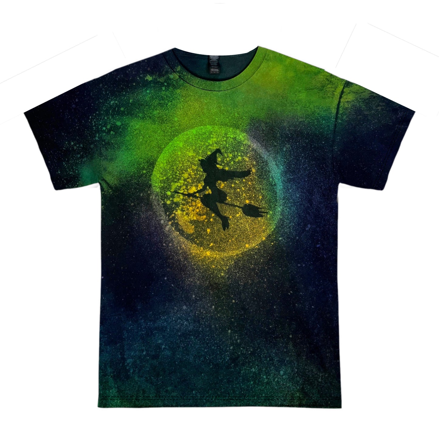 Reverse Dye Spooky Witch Full Moon Tee - Custom Acid Wash Halloween T Shirt