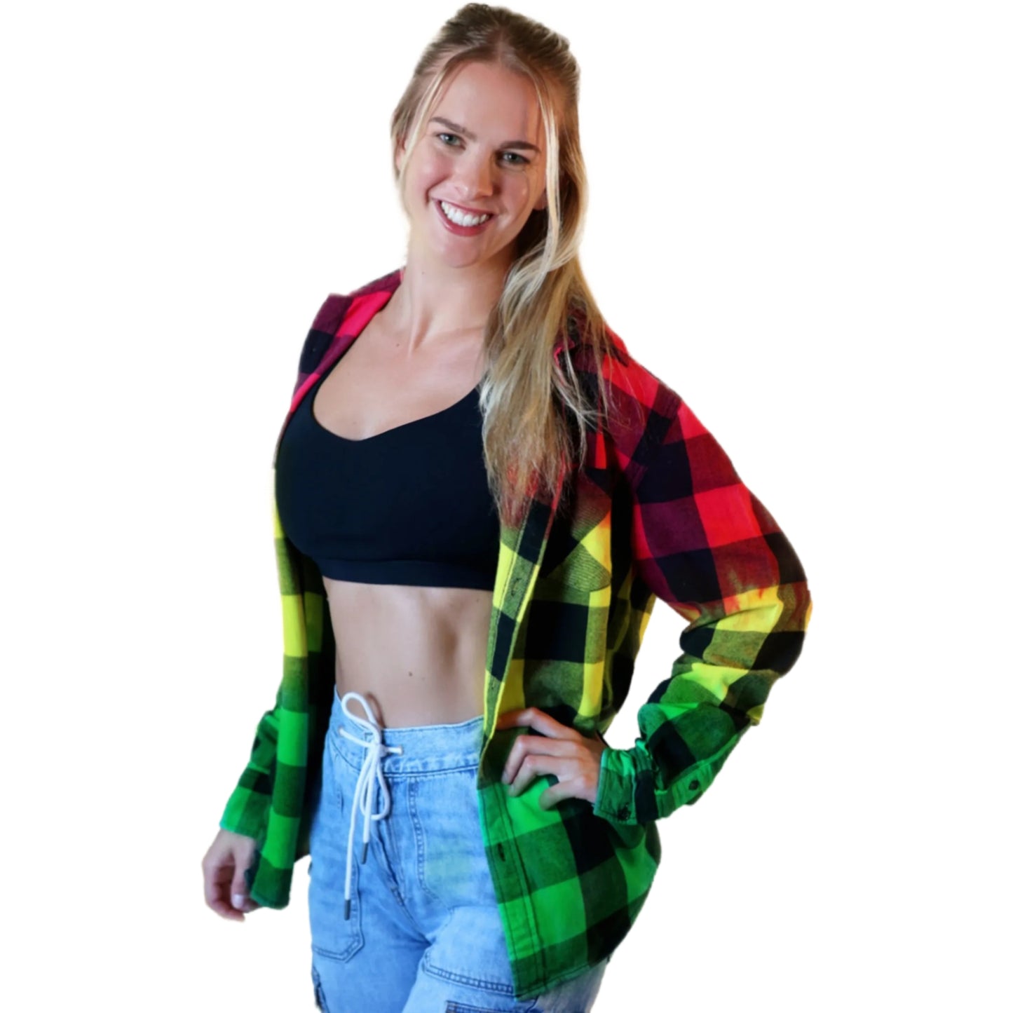 Rasta Tie Dye Flannel - Women's Red Yellow Green Oversized Reggae Buffalo Plaid Shirt