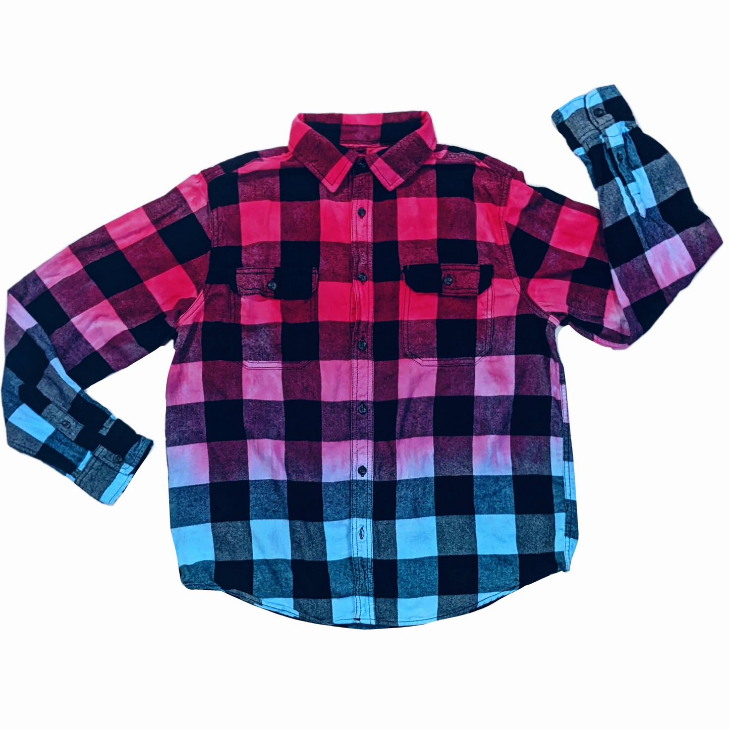 Men's Hot Pink Purple Blue Flannel - Custom Tie Dye Color Fuse Buffalo Plaid Shirt